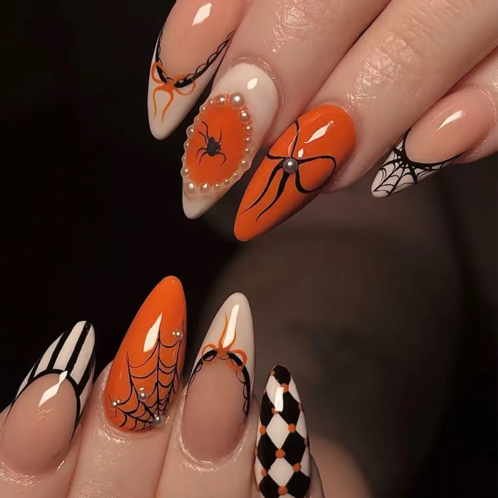 Nailhour 24Pcs Halloween Spider Web Medium Almond French Press On Nails