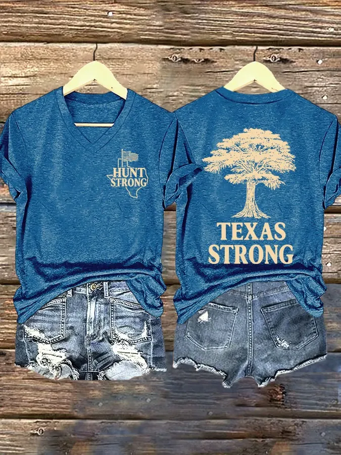 V Neck Retro Texas Strong Hunt Strong Print T-Shirt