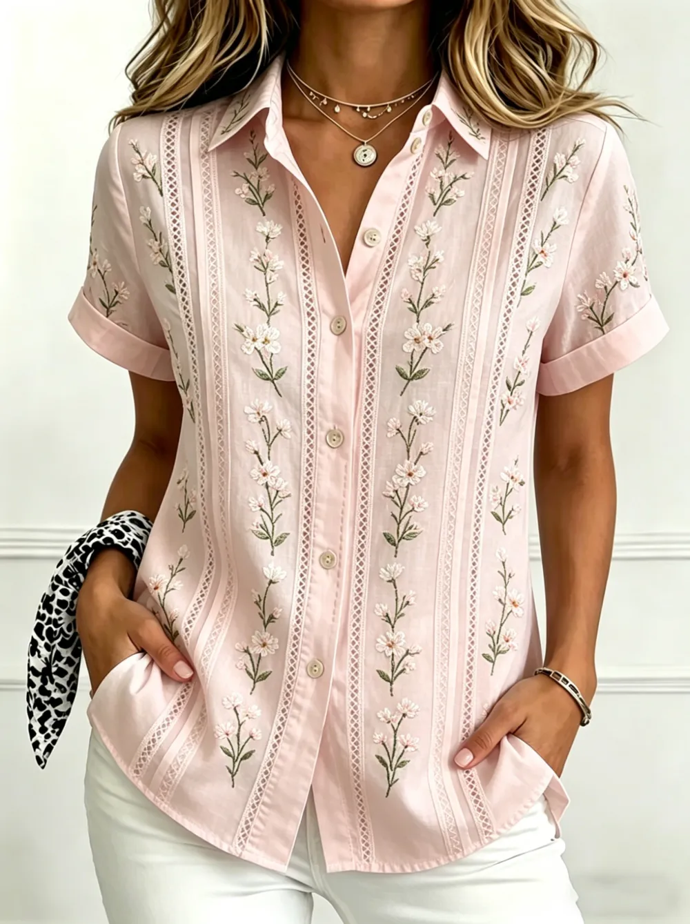 Women'S Casual Cotton Linen Plant Flower Personalized Printed Lapel Short Sleeved Shirt