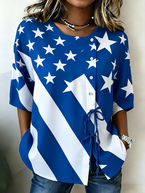 Ladies' Casual American Flag Personalized Printed Cotton Linen Top