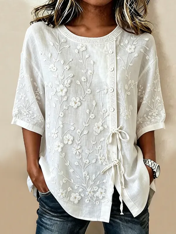 Women's casual floral cotton linen short sleeved shirt