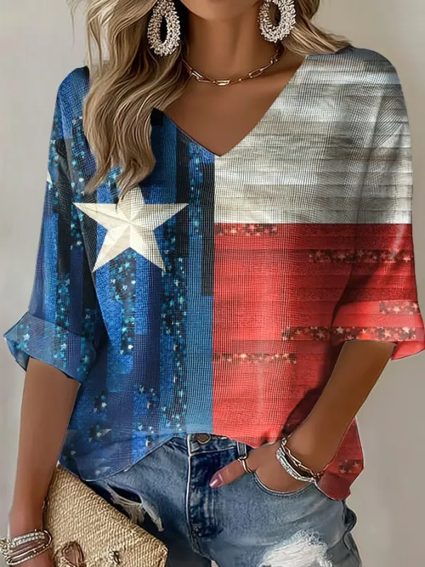 Women's Casual Vintage Patch Texas Waffle T-Shirt