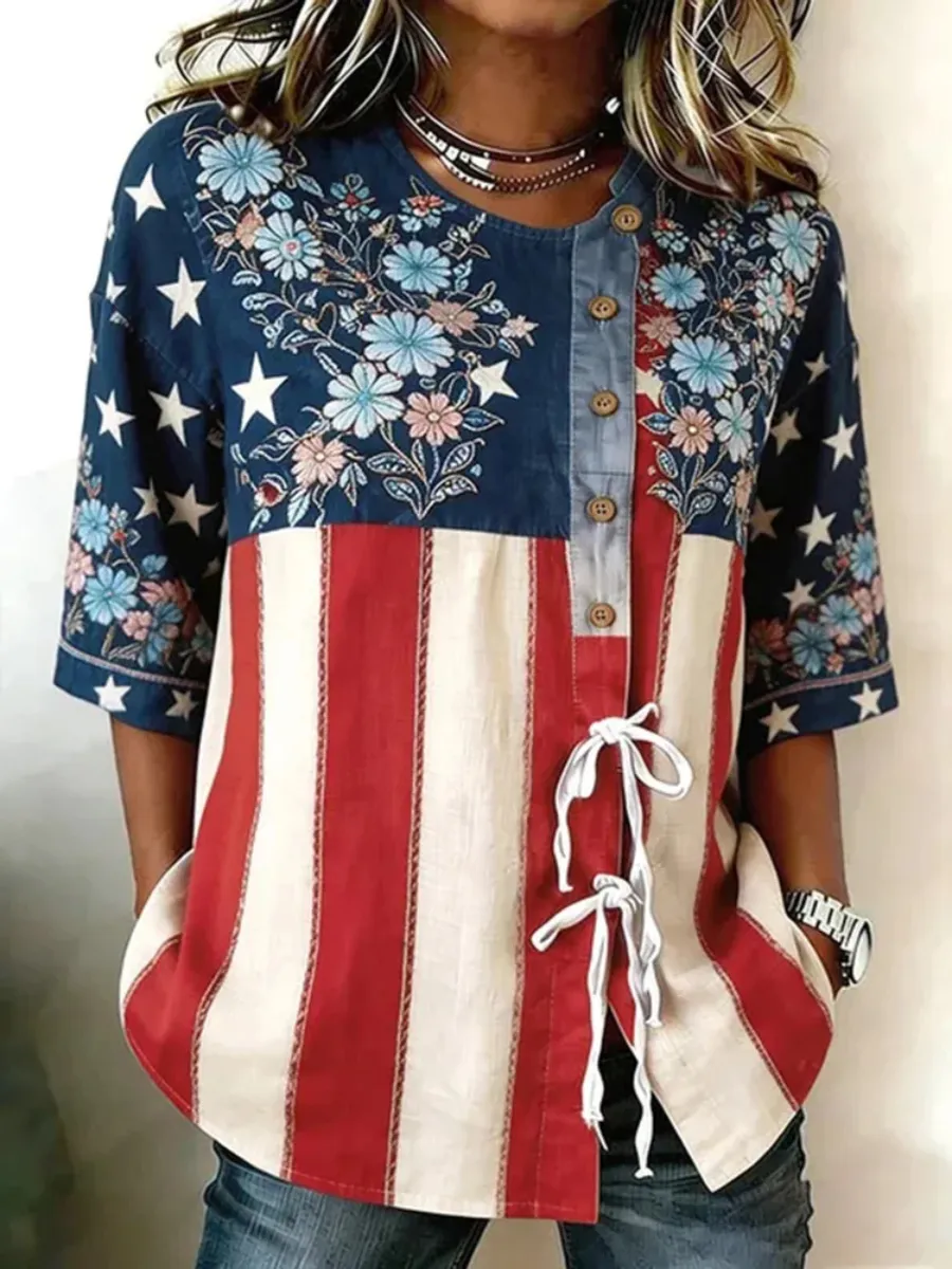 Women'S Retro Independence Day Flag Flower Art Casual Short Sleeved Shirt