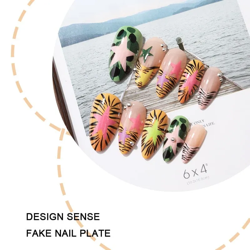 Nailhour 24Pcs Five-pointed Star Zebra Stripes 3D Y2K Rhinestone Medium Almond Press On Nails