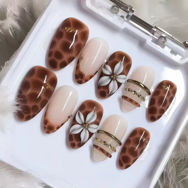 Nailhour 30Pcs Amber Camellia 3D Medium Almond Press On Nails
