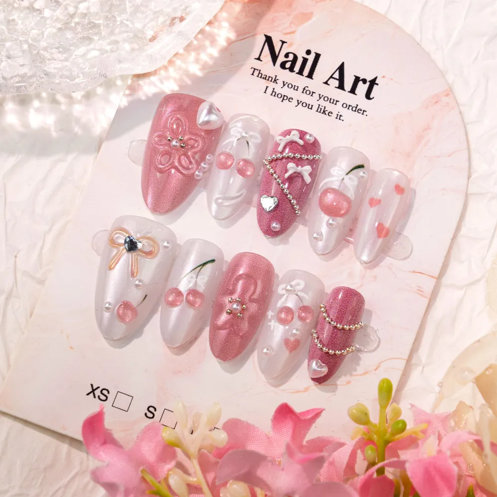 Nailhour 30Pcs Sweet Cherry Floral 3D Medium Almond French Press On Nails