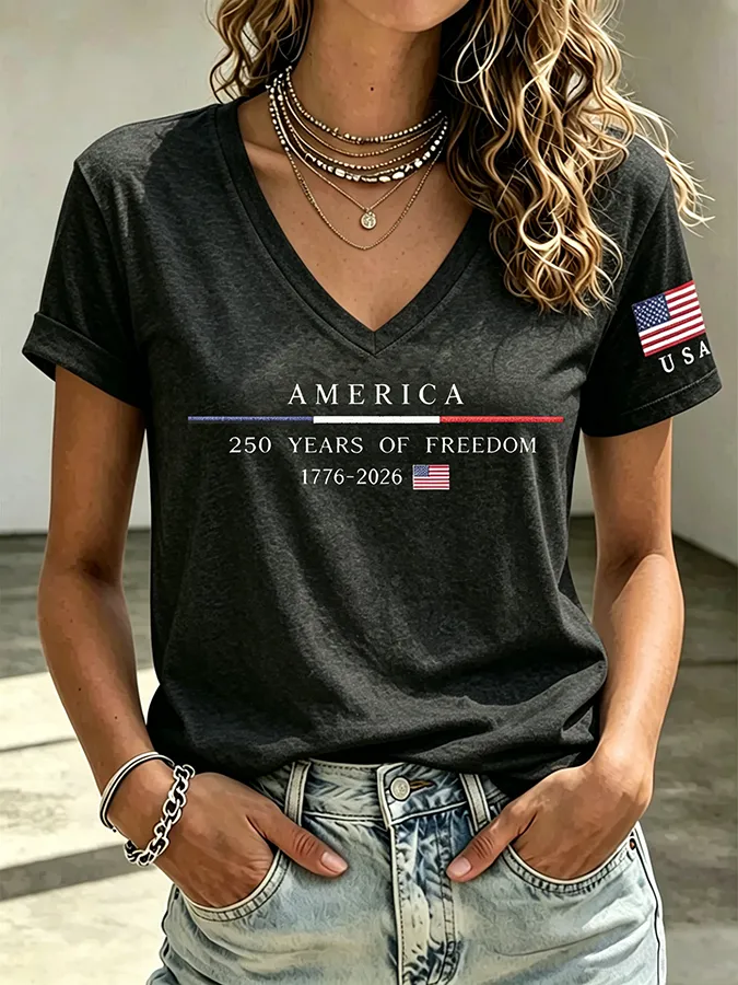 250Th Anniversary American Embroidery Commemorative V-Neck Short Sleeved T-Shirt