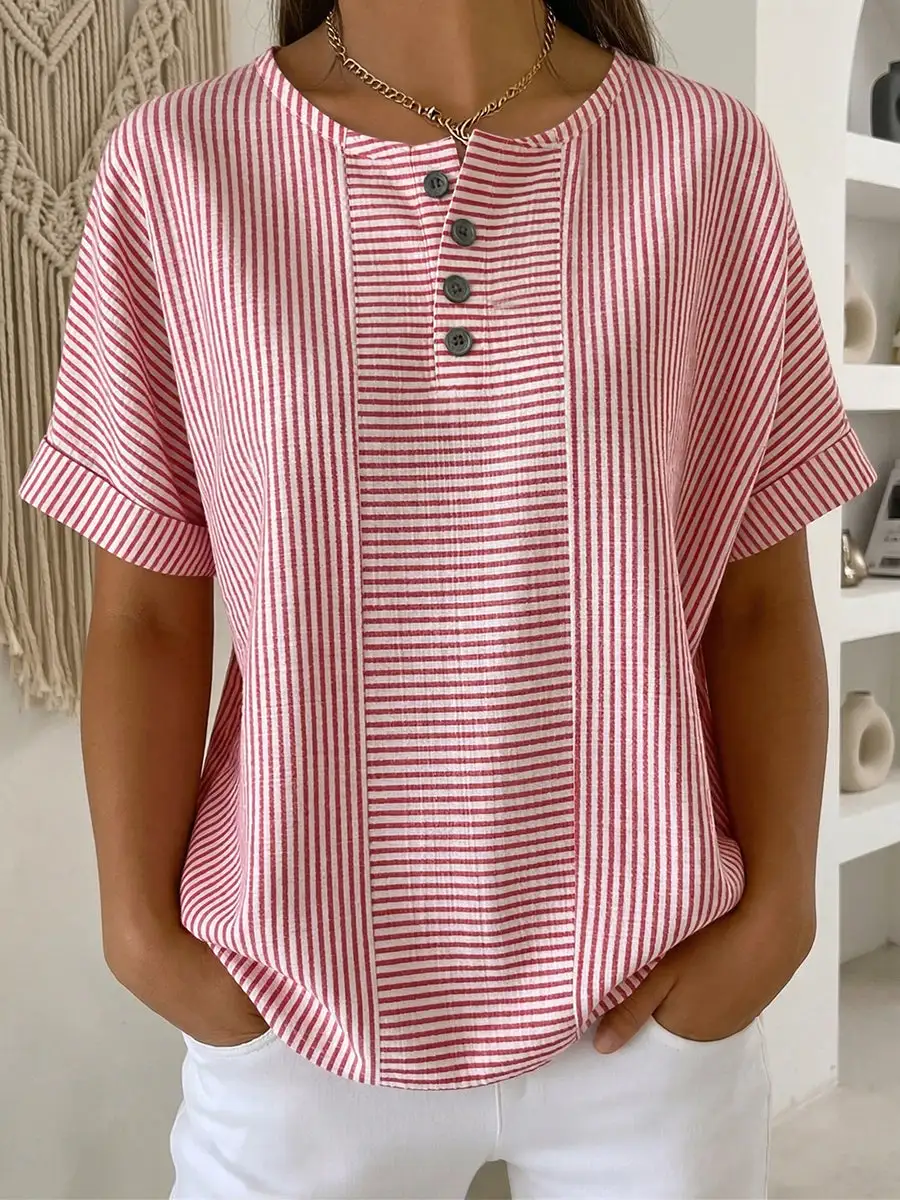 Women's casual striped cotton linen button-down shirt