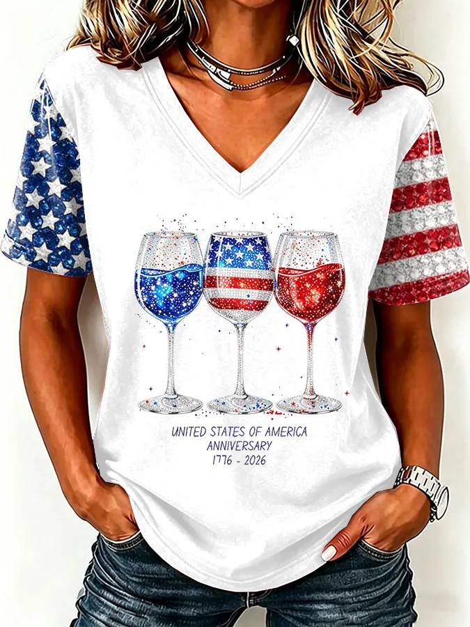 Women'S America Flag Floral Print Casual V-Neck T-Shirt