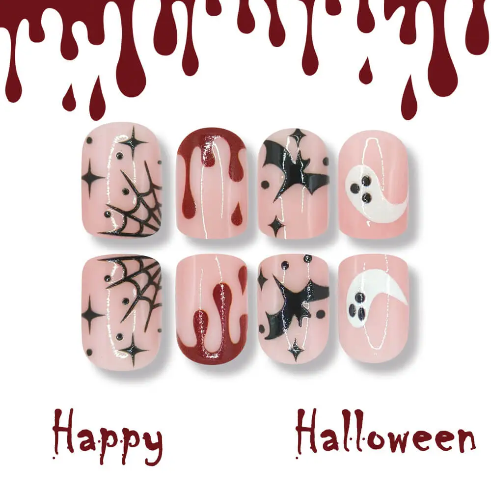 Nailhour 24Pcs Halloween Short Square Nude Blood Press On Nails