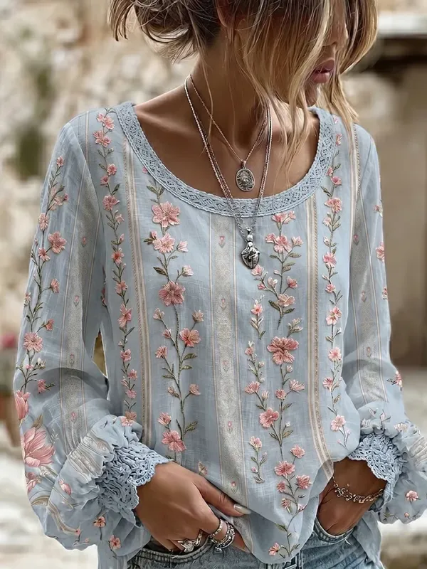 Women's Vintage Floral Breast Cancer Print Top