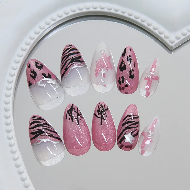 Nailhour 30Pcs Pink Gradient Cat Eye Medium Almond Press On Nails