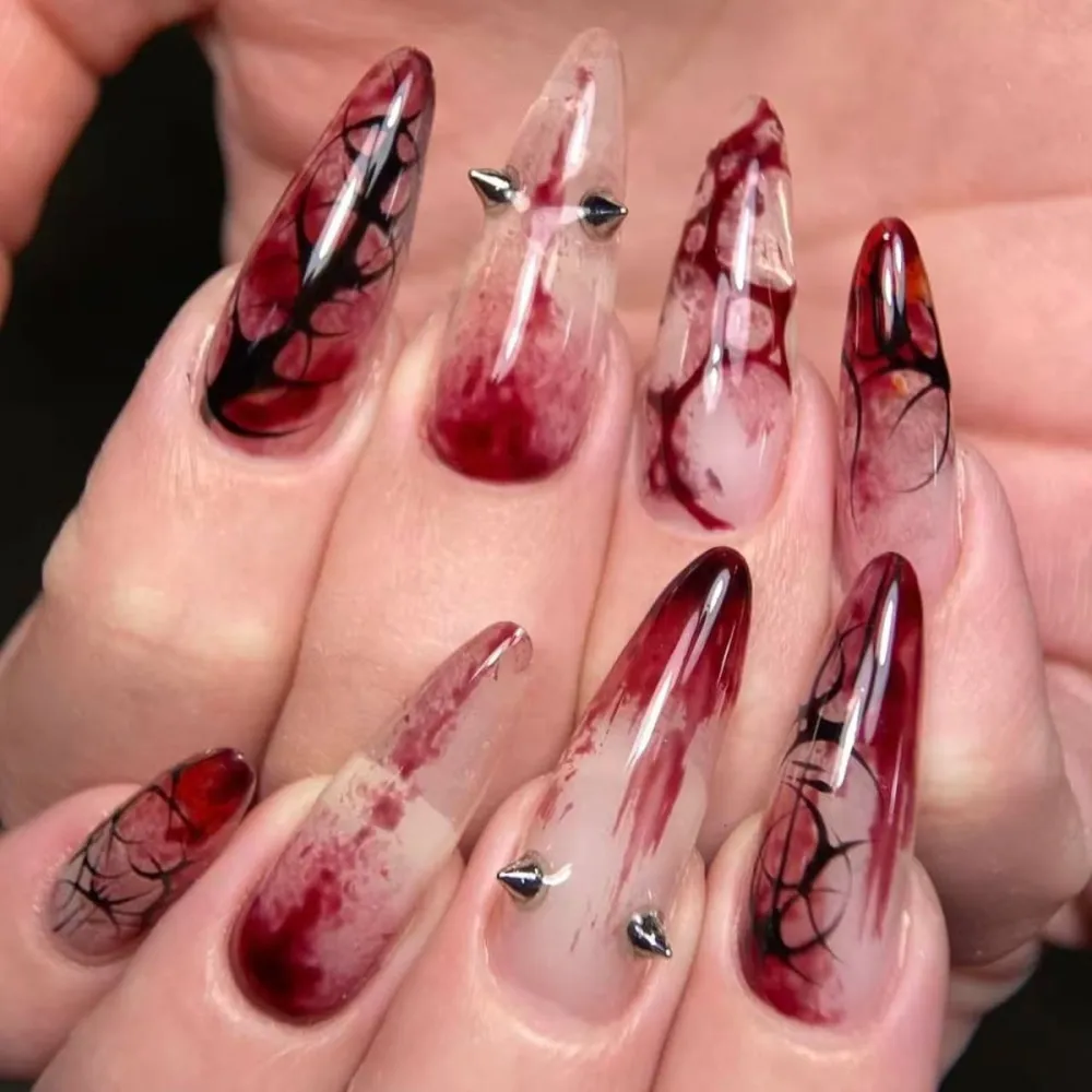 Nailhour 24Pcs Red Halloween Gothic Long Almond  Press On Nails
