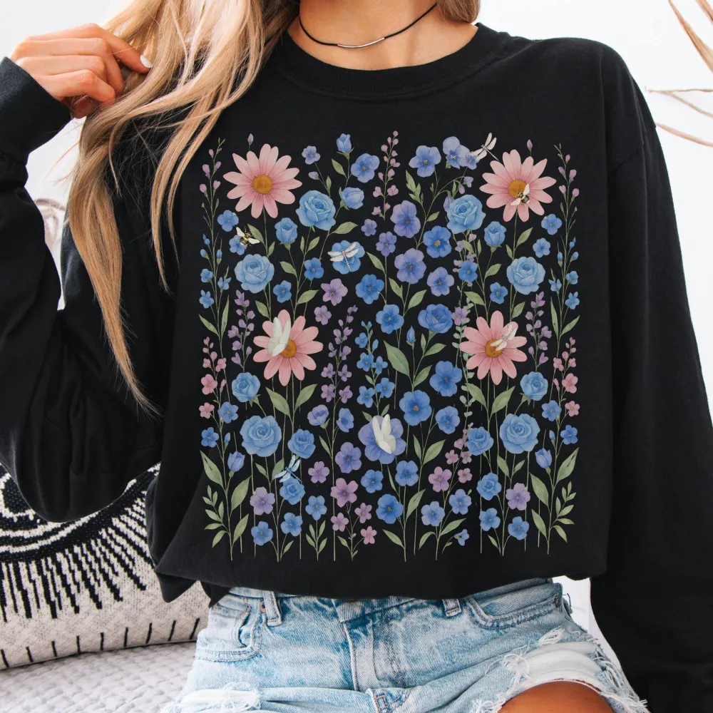 Blue Violet Wildflowers Long Sleeve Shirt