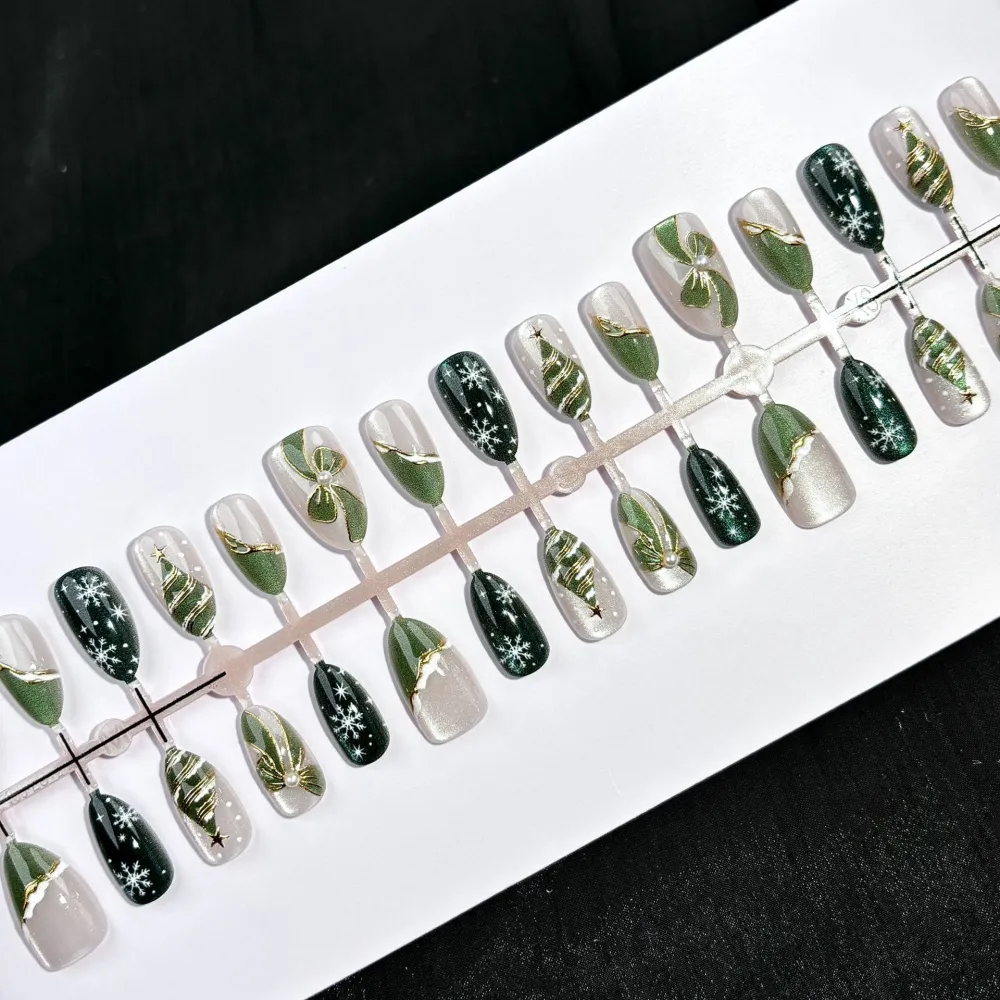 Nailhour 30Pcs Green Christmas Medium Almond French Press On Nails
