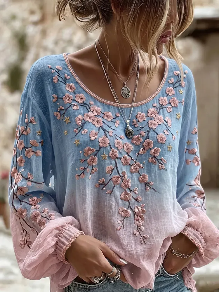 Women's floral fresh round neck top