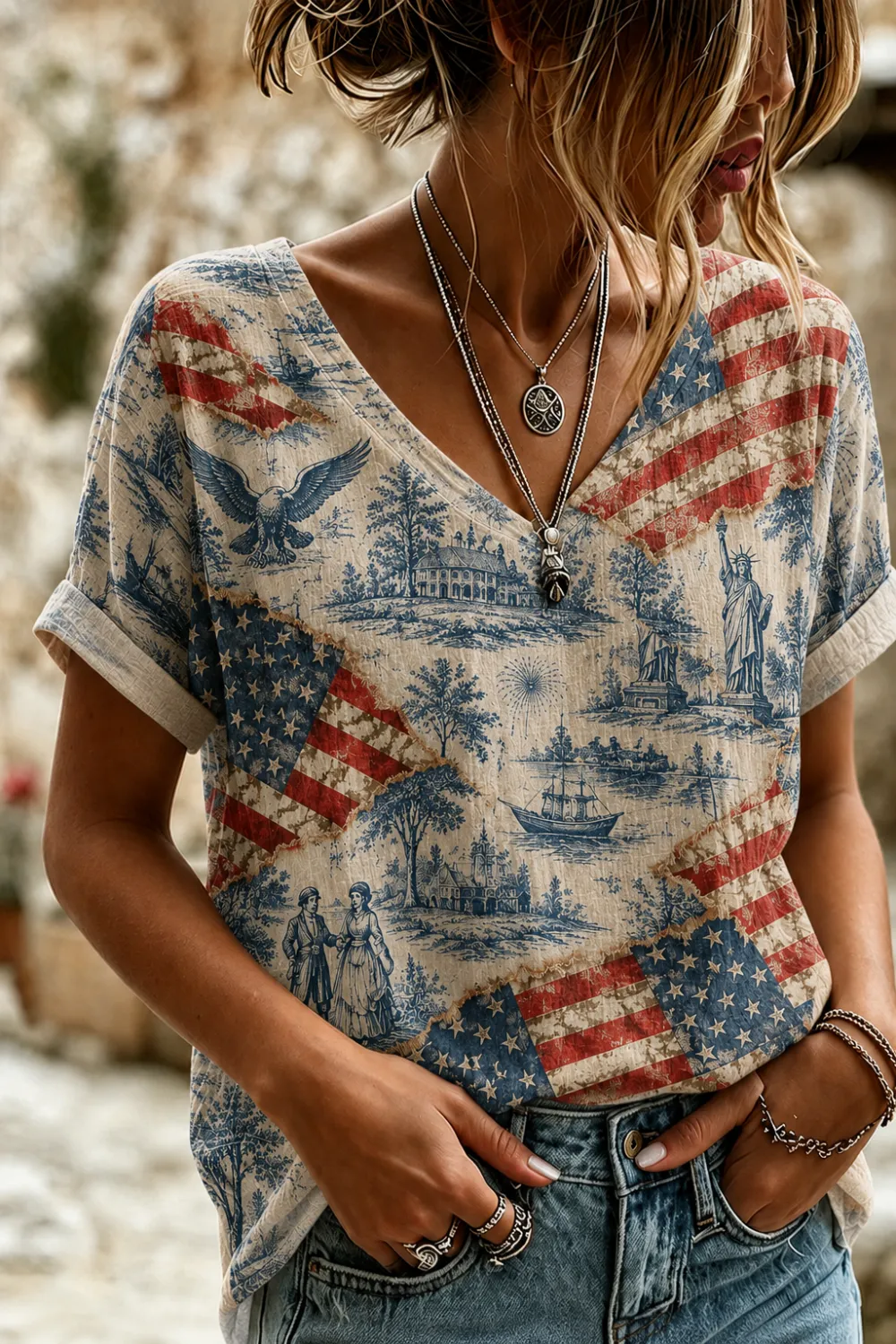 Women'S Retro Independence Day Printed Casual Short Sleeved T-Shirt
