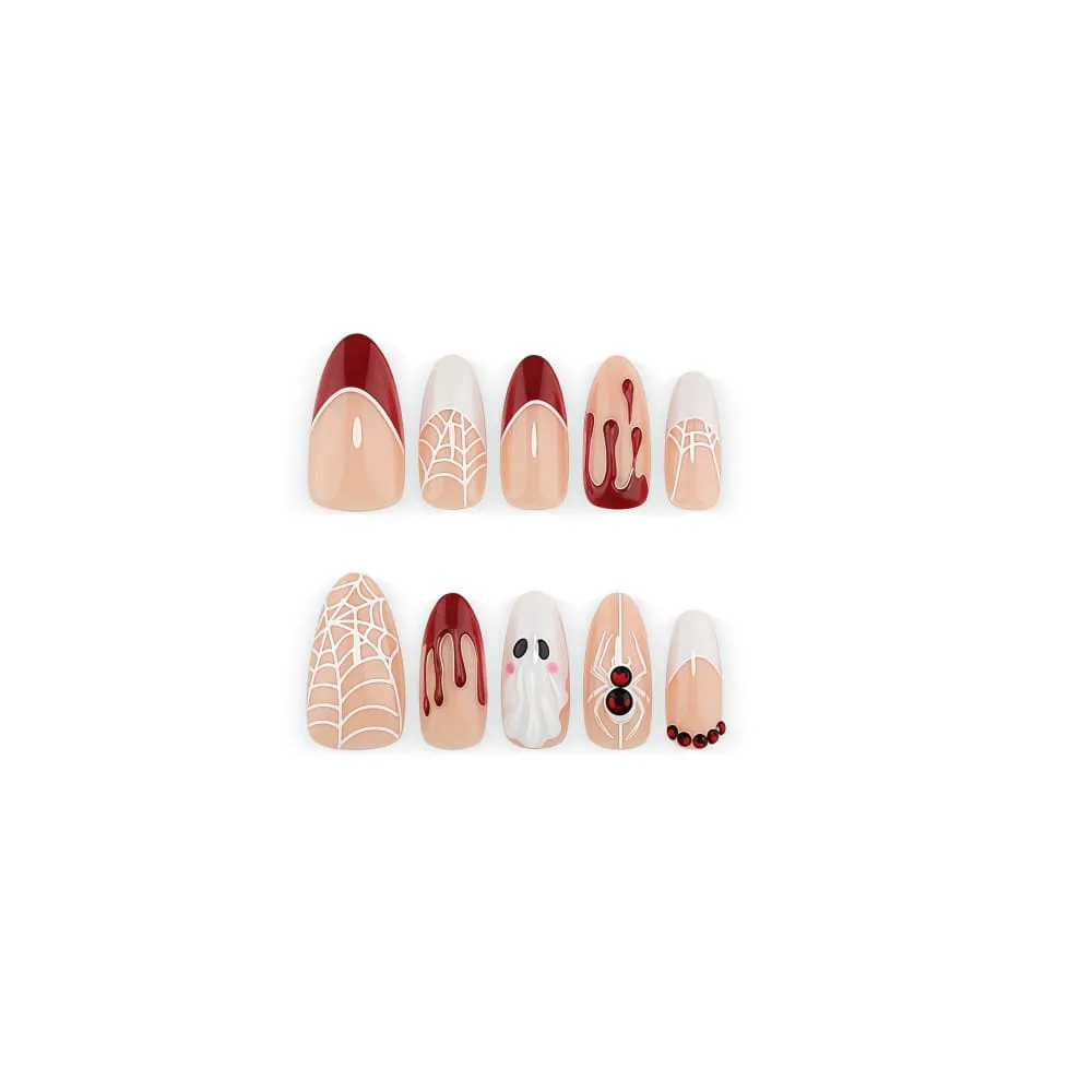 Nailhour 30Pcs French Cute Ghost Black And Red Halloween Medium Almond Press On Nails