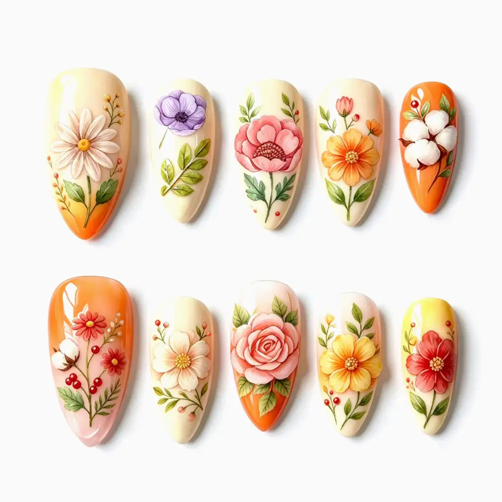 Nailhour 30Pcs Y2K Floral  Multicolor Medium Almond Press On Nails