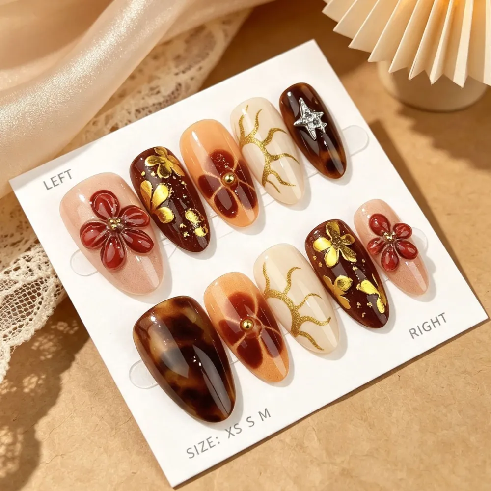 Nailhour 30Pcs Winter 3D Gilded Medium Almond French Press On Nails