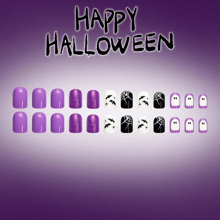 Nailhour 24Pcs Spider Web Skeleton Glossy Halloween Short Squoval Press On Nails