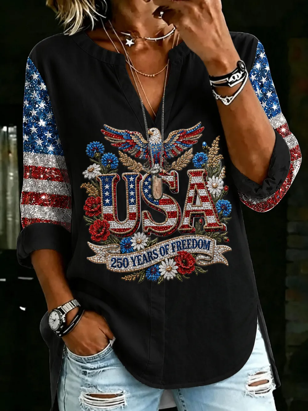 Women'S Retro Independence Day American Flag Notch V-Neck Top