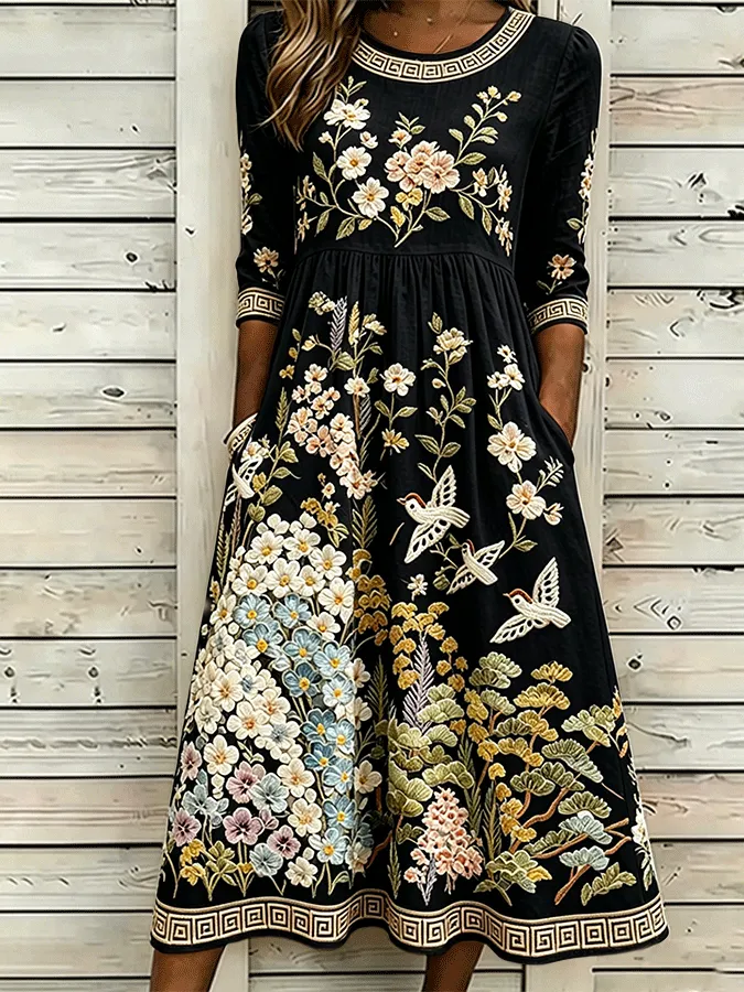 Vintage Floral & Birds Art Cozy Linen Maxi Dress