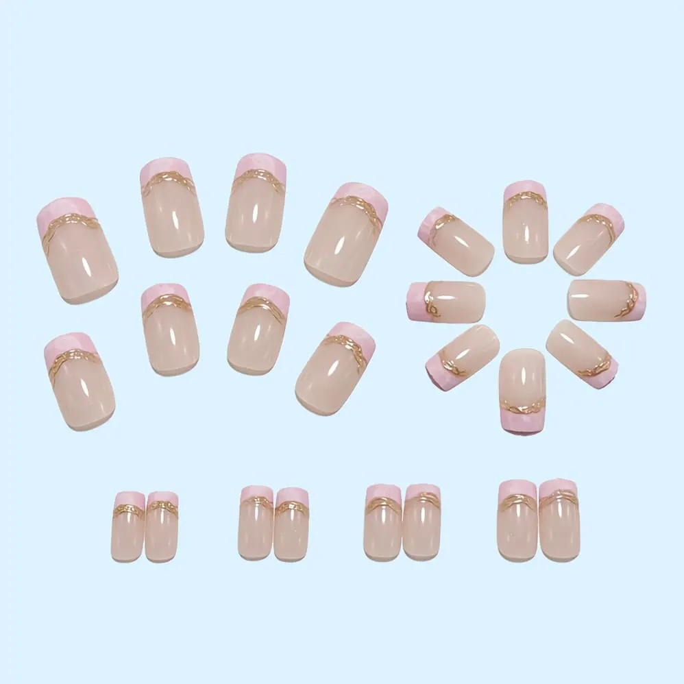 Nailhour 24Pcs Pink French Medium Coffin Gilded Press On Nails