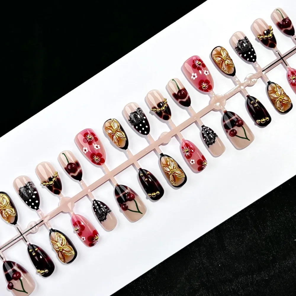 Nailhour 30Pcs Gilded 3D Cherry Medium Almond French Press On Nails