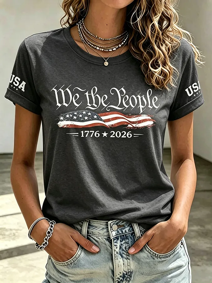 Embroidered Printed Round Neck Short Sleeved T-Shirt Commemorating The 250Th Anniversary Of The United States