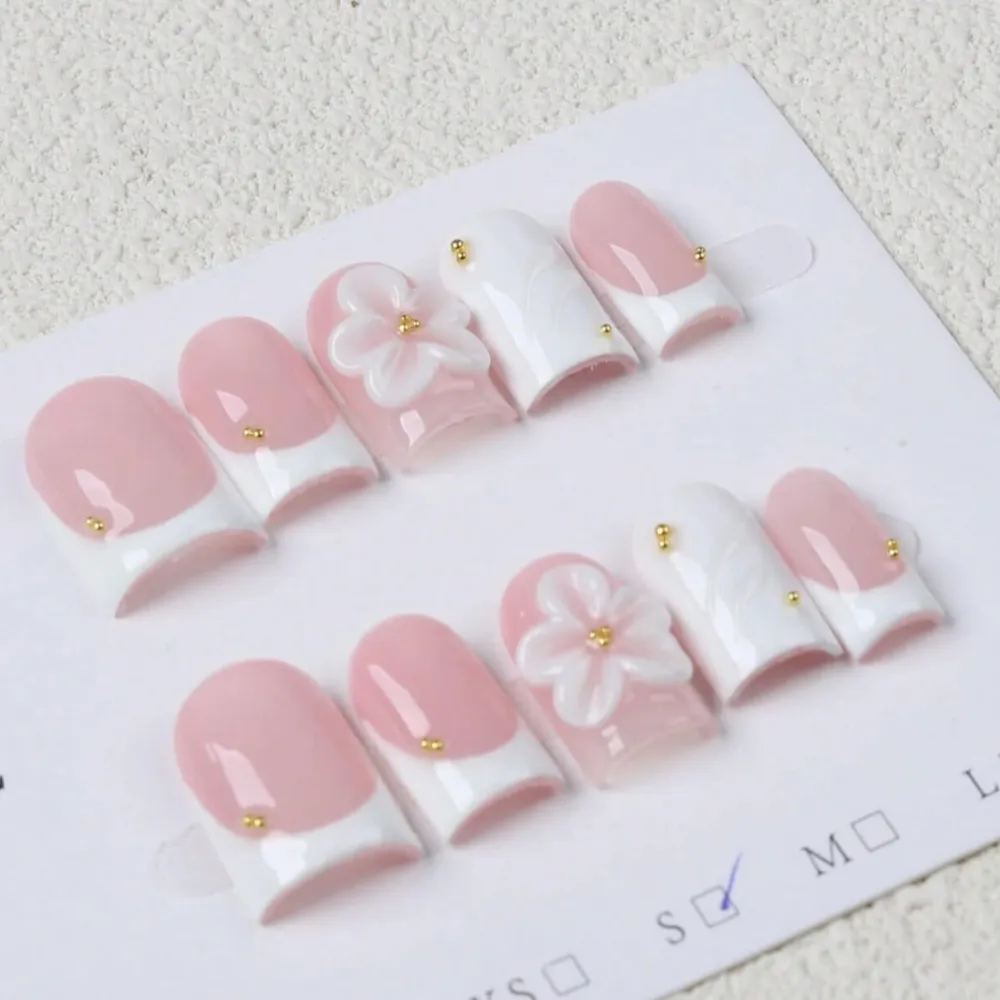 Nailhour 24Pcs French Medium Square 3D Floral Press On Nails