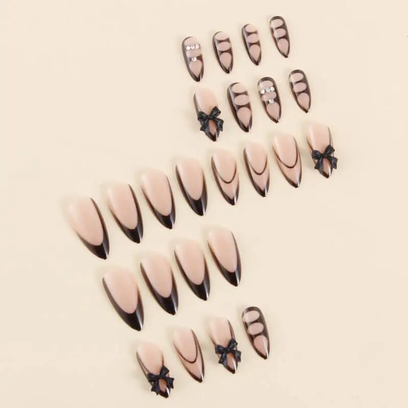 Nailhour 24Pcs Long Almond Bow Rhinestone Decoration Press On Nails