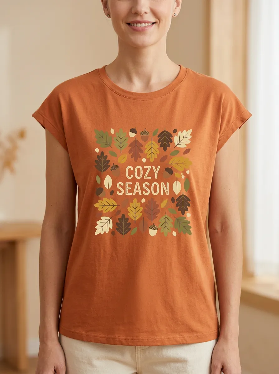 Leaves Acorns Printed Women's Graphic T-Shirt