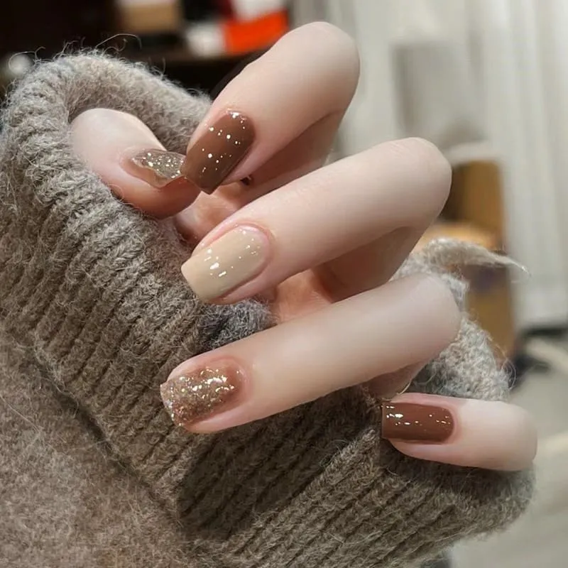 Nailhour 24Pcs Autumn French Glitter Short Square Brown Press On Nails