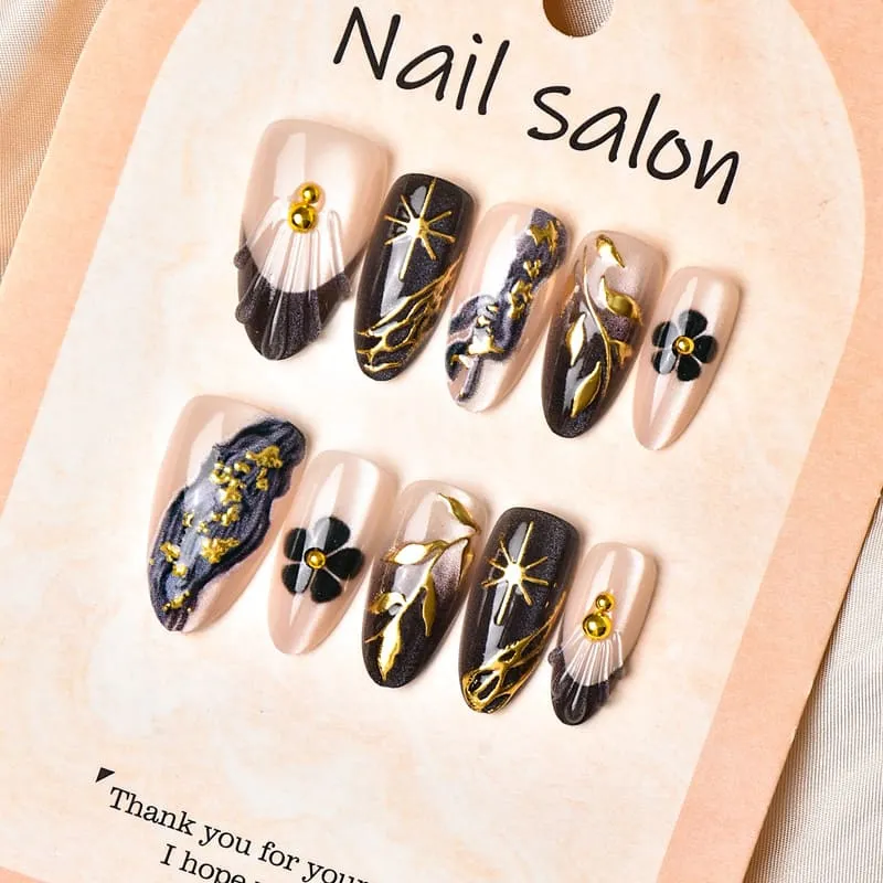 Nailhour 30Pcs Floral 3D Gilded Medium Almond Cat Eye French Press On Nails