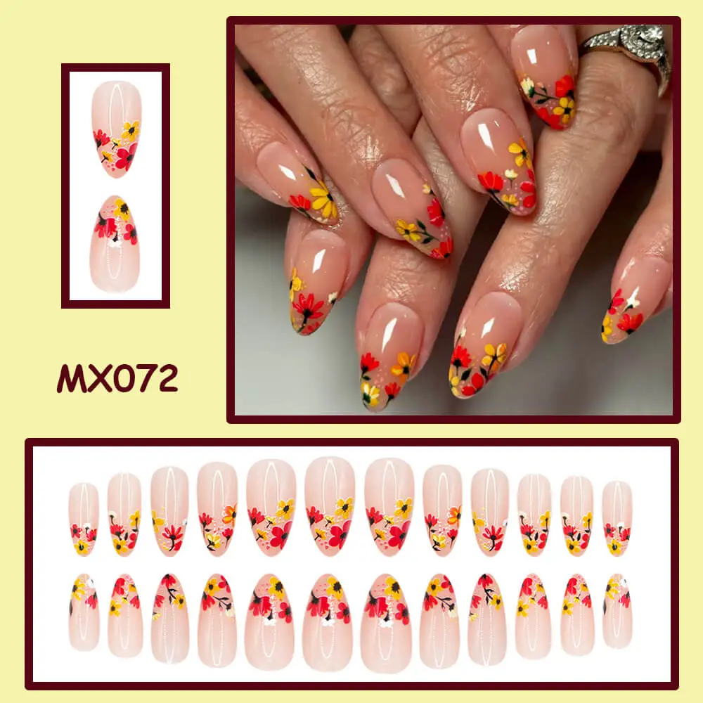 Nailhour 24Pcs French Short Almond Multicolor Floral Press On Nails