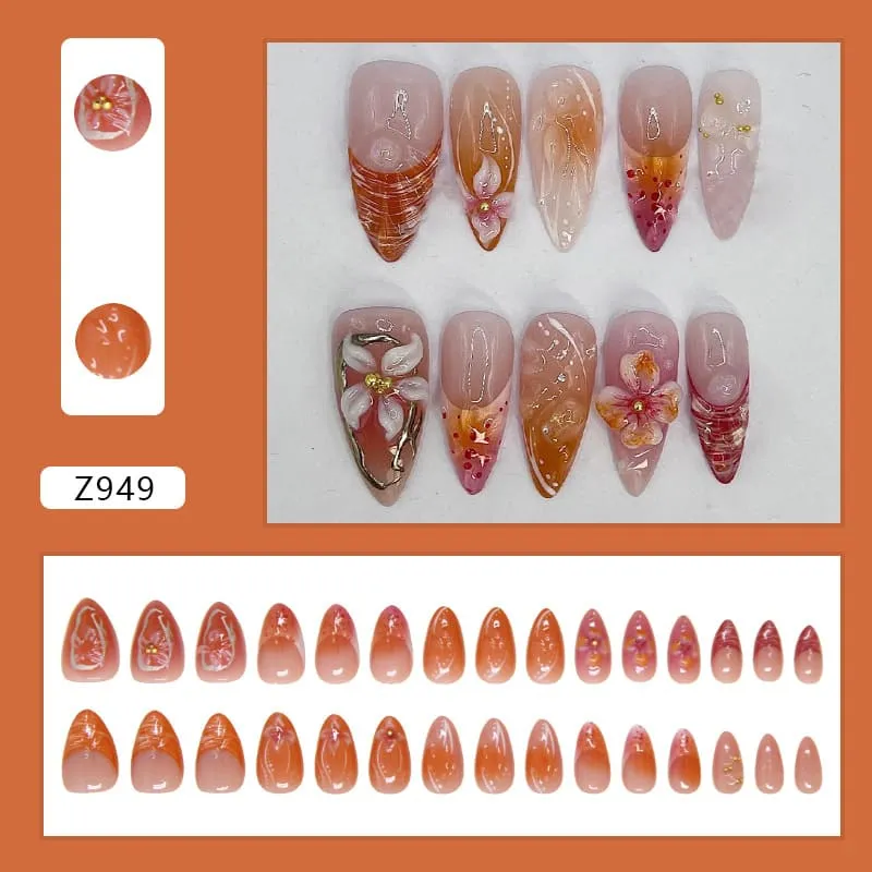Nailhour 30Pcs 3D Medium Almond French Floral Press On Nails