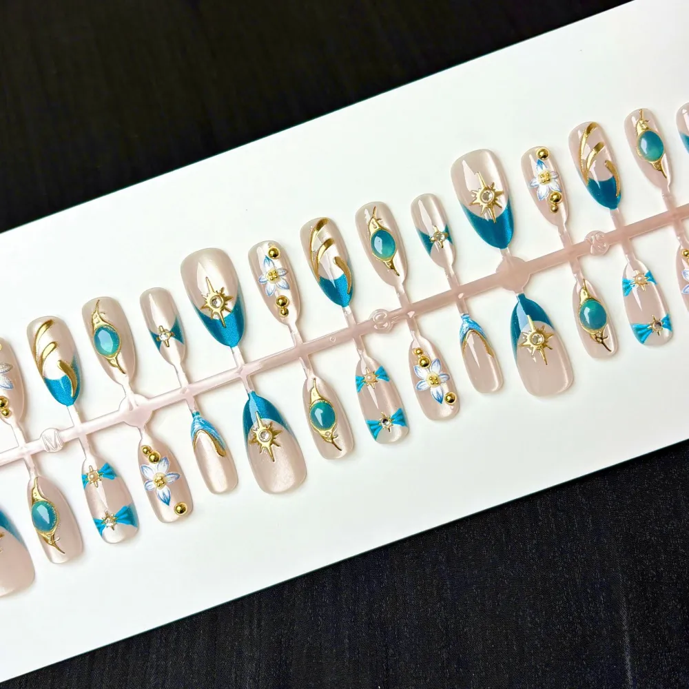 Nailhour 30Pcs Gilded Rhinestone Handmade Summer 3D Blue Floral Press On Nails