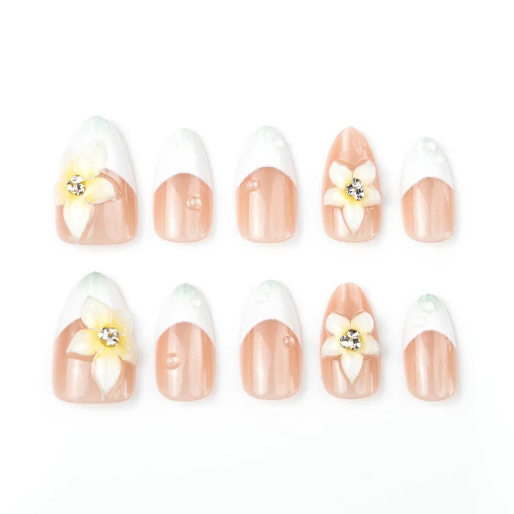 Nailhour 30Pcs Nude Cat Eye French Medium Almond Press On Nails