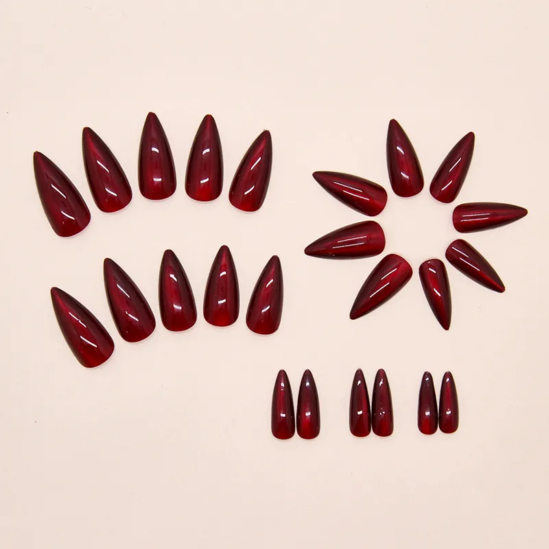 Nailhour 24Pcs Red Party Minimalist Long Cat Eye Press On Nails