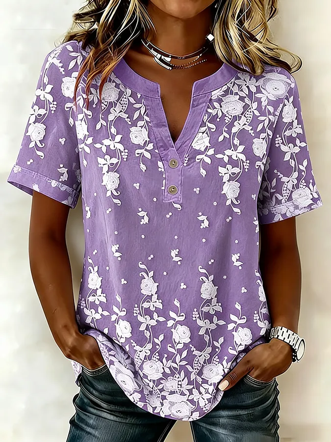 Women's purple art cotton and linen shirt