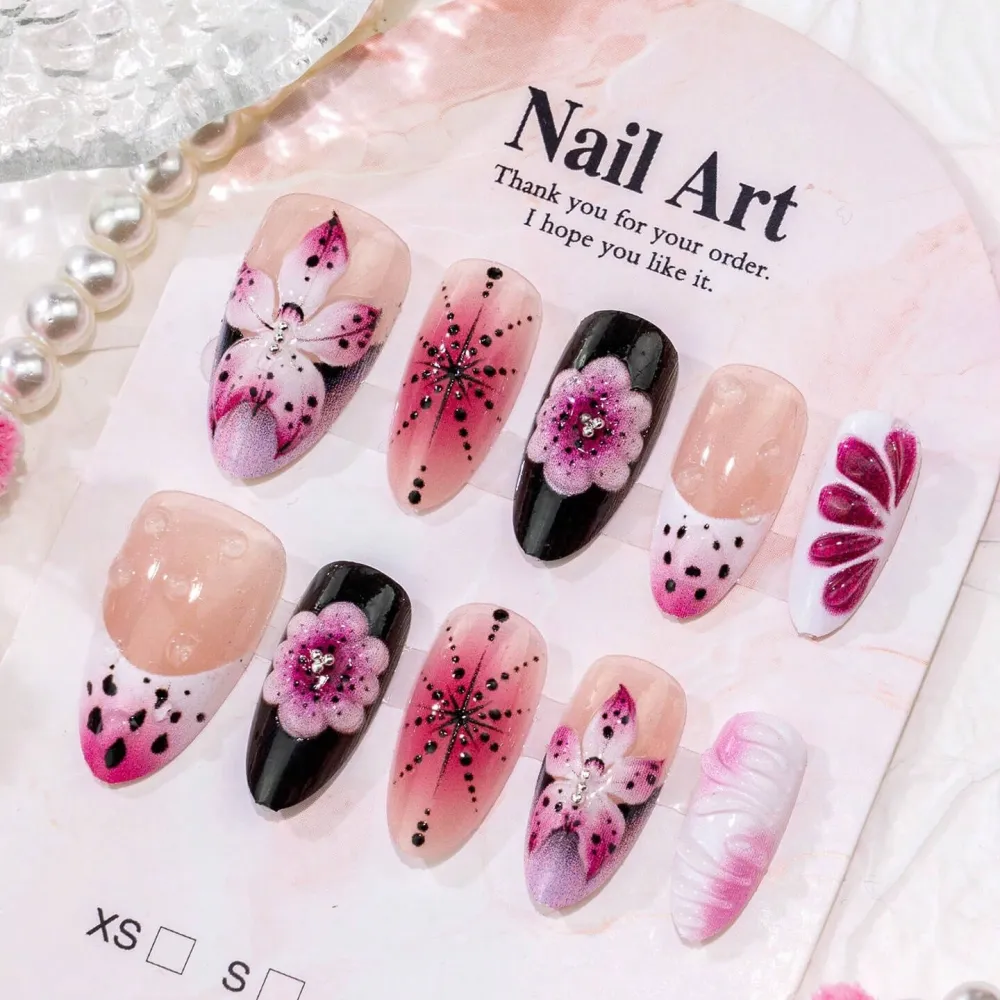 Nailhour 30Pcs Purple 3D Floral Resin Medium Almond Press On Nails