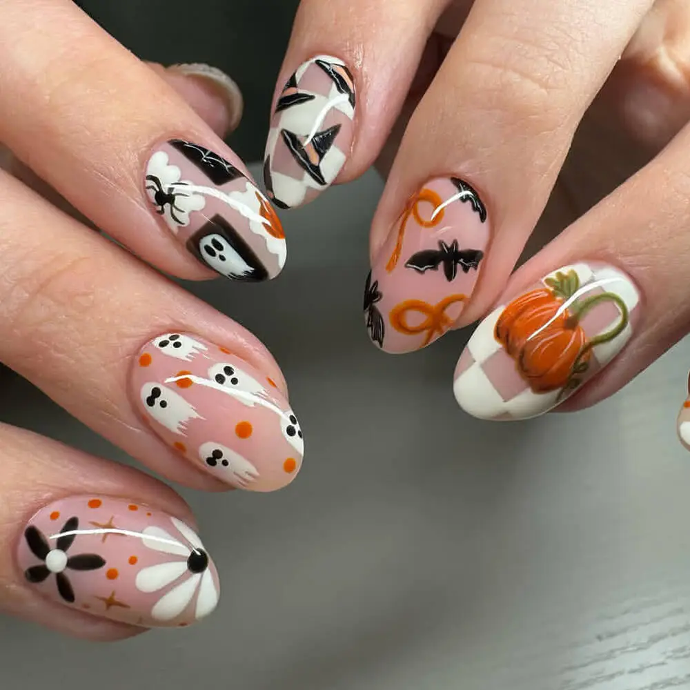 Nailhour 24Pcs Halloween Short Oval Ghost Plaid Press On Nails