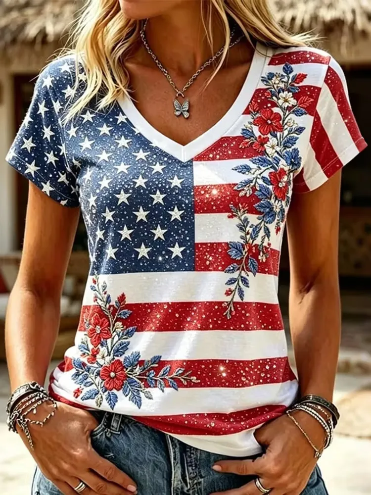 Ladies' Casual Floral Personalized Printed V-Neck T-Shirt For The 250Th Anniversary Celebration Of The Founding Of The United States