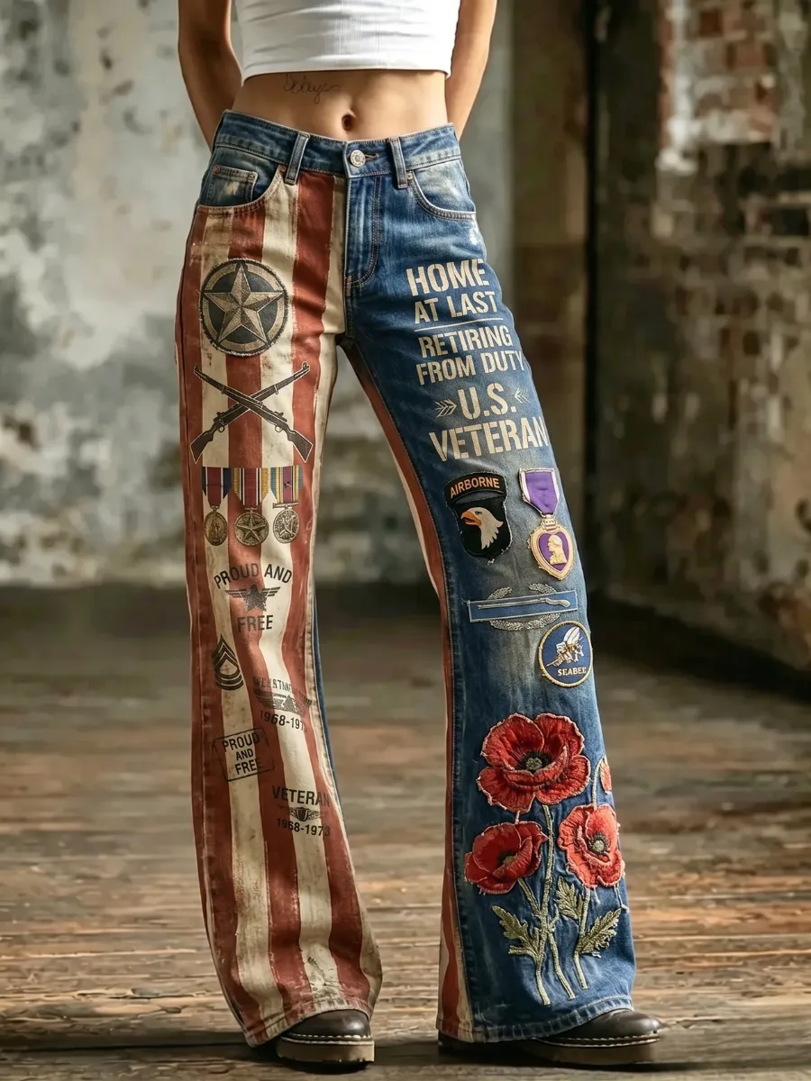 Women'S Retro Flower 250Th Anniversary Commemorative Casual Jeans