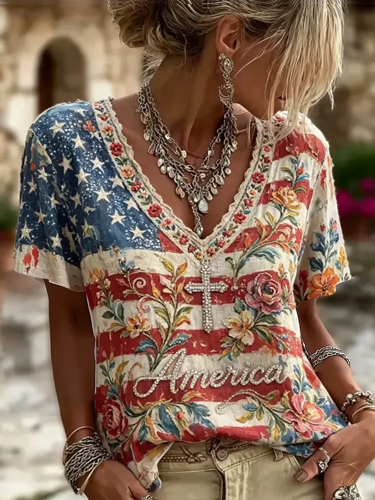 Ladies' Retro American Flag Element Printed Casual T-Shirt