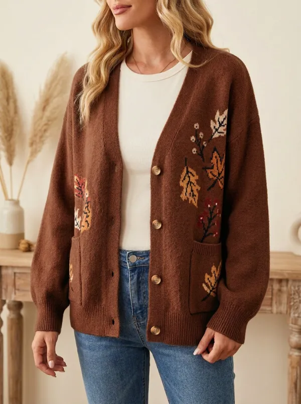 Maple Leaf Embroidered Women's Knit Cardigan