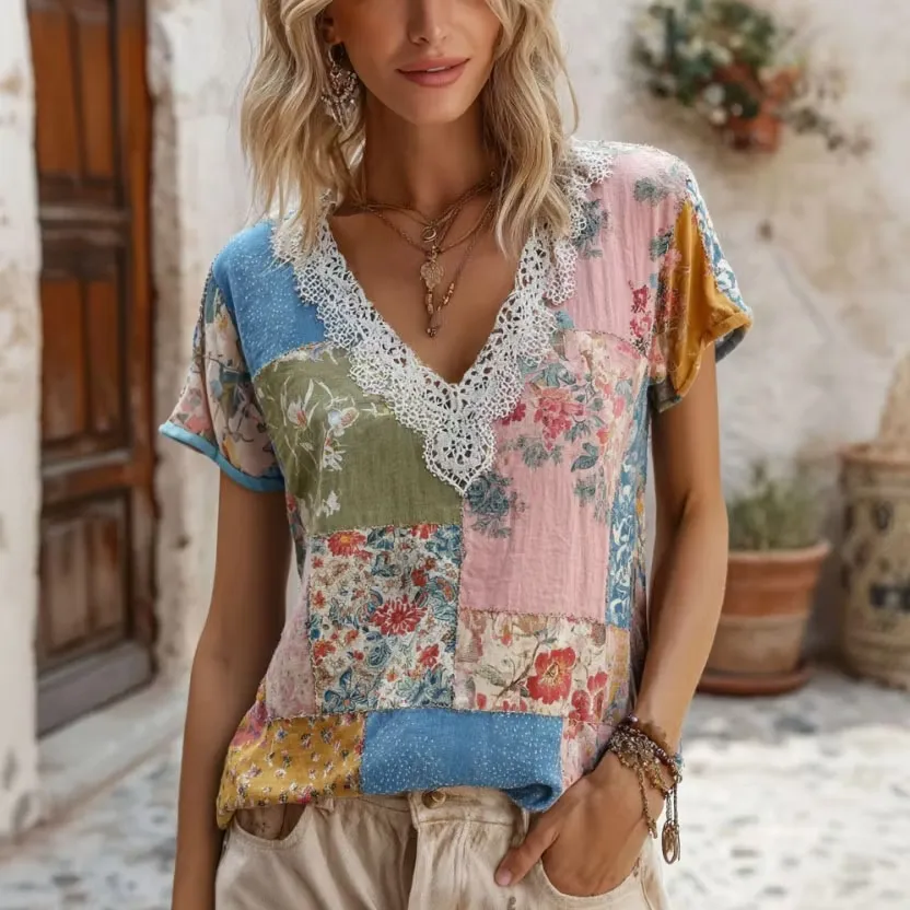 Women's Retro Printed Color Block Printed Casual Linen Blend T-Shirt