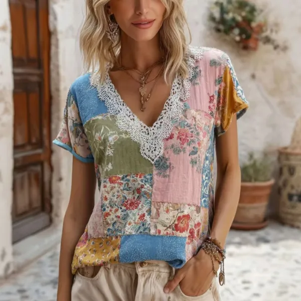 Women's Retro Printed Color Block Printed Casual Linen Blend T-Shirt