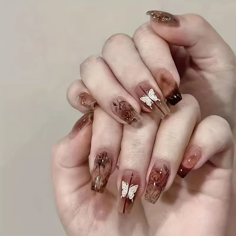 Nailhour 24Pcs Brown Vintage Glitter Medium Coffin Press On Nails
